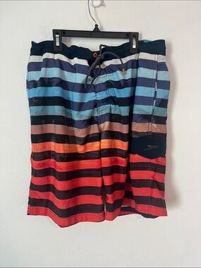 Speedo Men’s Striped Board Shorts in Blue, Red & Orange
